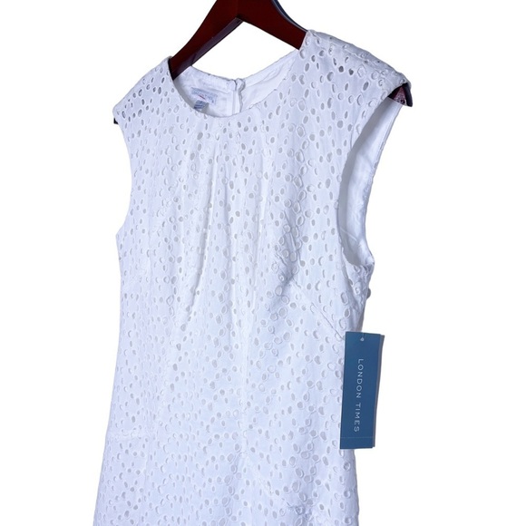 LONDON TIMES NWT Eyelet Lace Sleeveless Summer Shift Dress Size 8 in White - Picture 2 of 14